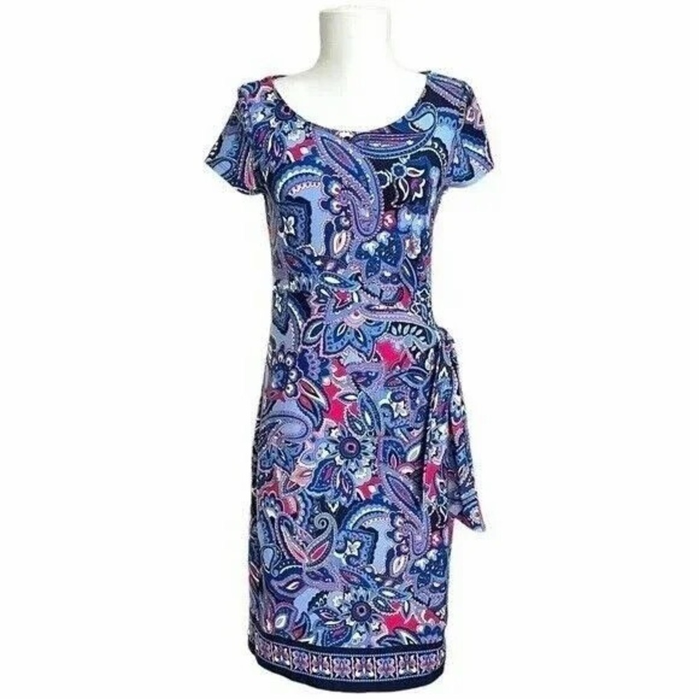 Talbots Boho Paisley Faux Wrap Shift Dress | Vibrant Pink & Blue Mod Jersey - M - Picture 4 of 8